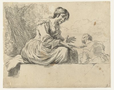 mujer joven, sentado, en, un, piedra Ovejas (título de la serie) Animalia ad vivum delineata et aqua forti aeri impressa Studio et Arte Nicolai Berchemi (título de la serie) de Nicolaes Pietersz Berchem