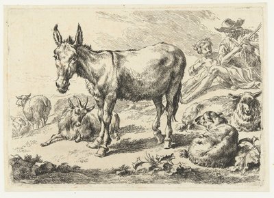 Paisaje con burro, oveja, cabra y pastores. Animales (título de la serie) de Nicolaes Pietersz Berchem