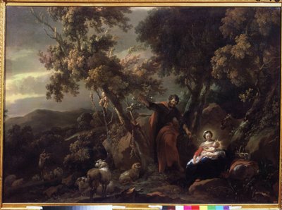 "Descanso en la huida a Egipto" (Descanso en la huida a Egipto) Pintura de Nicolaes Pietersz Berchem (o Berghem) (1620-1683) Museo Pushkin de Moscú del siglo XVII de Nicolaes Pietersz. Berchem