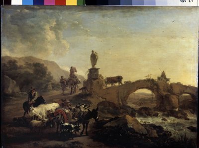 "Paisaje italiano con un pequeño puente" Pintura de Nicolaes (Claes) Pietersz Berchem el Viejo (1620-1683) 1656 Dim. 44,5x61 cm Museo del Hermitage, San Petersburgo de Nicolaes Pietersz. Berchem