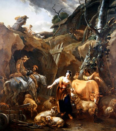 Campesinos en un paisaje rocoso fuera de una mina de Nicolaes Pietersz. Berchem