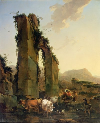 Campesinos con ganado junto a un acueducto en ruinas de Nicolaes Pietersz. Berchem