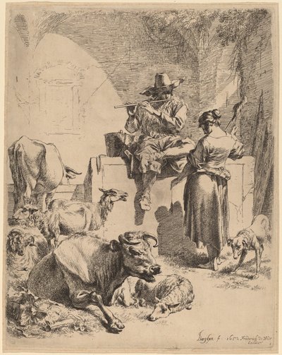 El pastor sentado en una fuente y la hilandera de Nicolaes Pietersz Berchem