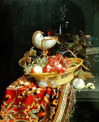 Un bodegón de frutas en una cesta y una copa de nautilus de Nicolaes Van Gelder