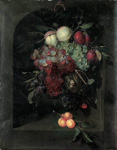 Guirnalda de Uvas, Duraznos, Ciruelas y Cerezas con un Caracol en un Nicho de Piedra con un Racimo de Albaricoques y una Abeja en un Saliente, 1666 de Nicolaes Van Gelder
