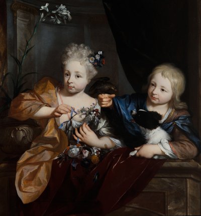 Un niño y una niña en un entorno arquitectónico de Nicolaes Verkolje