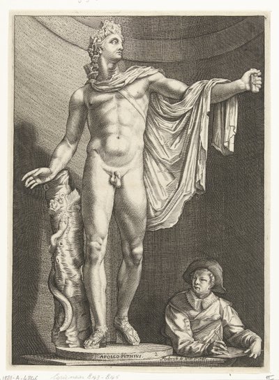Apolo Belvedere Apollo Pythivs (título sobre el objeto) Tres estatuas antiguas en Roma después de Goltzius (título de la serie) de Nicolaes de Bruyn