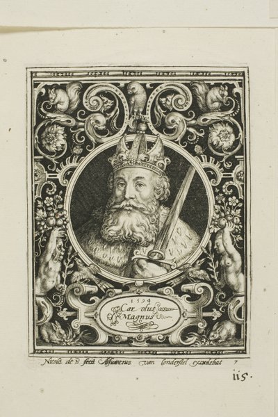 Carlomagno, lámina siete de Los Nueve Dignos de Nicolaes de Bruyn