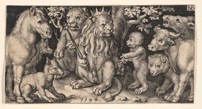 León coronado de Quimeras combatientes y escenas de las fábulas de Esopo de Nicolaes de Bruyn