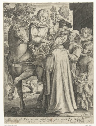 El hijo pródigo recibe su herencia y se va de viaje Filius acceptis opibus minor extera quaerit (título sobre el objeto) Cuento del hijo pródigo (título de la serie) de Nicolaes de Bruyn