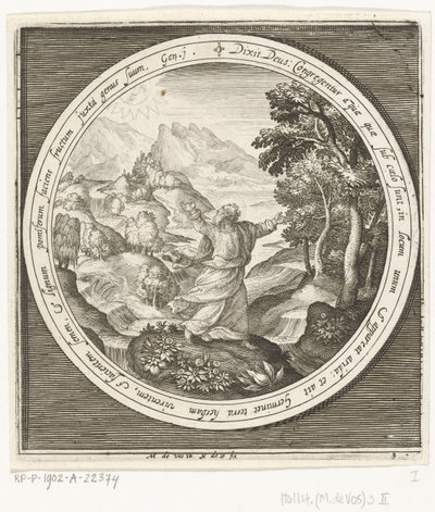 Tercer Día de la Creación: Dios crea la tierra y las plantas y árboles que dan semillas con frutos que dan semillas Desde la creación hasta la expulsión del paraíso (título de la serie) de Nicolaes de Bruyn