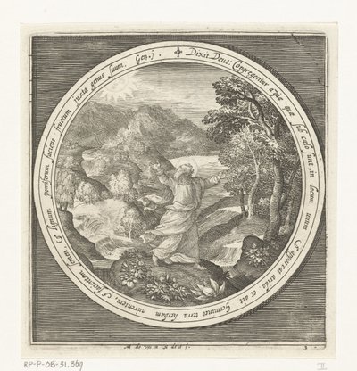 Tercer Día de la Creación: Dios crea la tierra y las plantas y árboles que dan semillas con frutos que dan semillas Desde la creación hasta la expulsión del paraíso (título de la serie) de Nicolaes de Bruyn