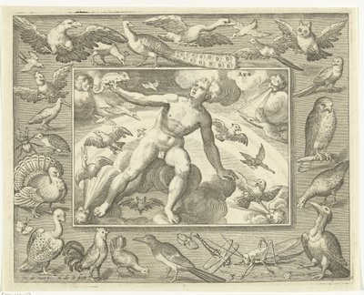 Elemento de aire de joven sobre nubes entre pájaros voladores Aer (título sobre el objeto) Los cuatro elementos (título de la serie) de Nicolaes de Bruyn