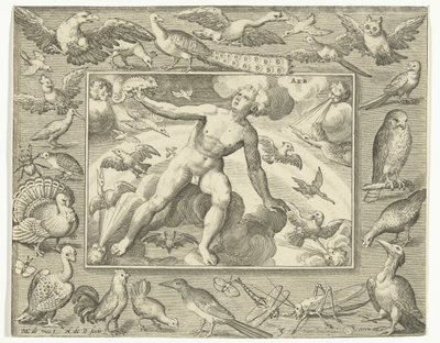 Elemento de aire de joven sobre nubes entre pájaros voladores Aer (título sobre el objeto) Los cuatro elementos (título de la serie) de Nicolaes de Bruyn