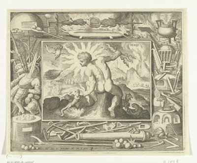 Elemento de fuego de joven con relámpagos. Ignis (título sobre objeto) Los cuatro elementos (título de la serie) de Nicolaes de Bruyn