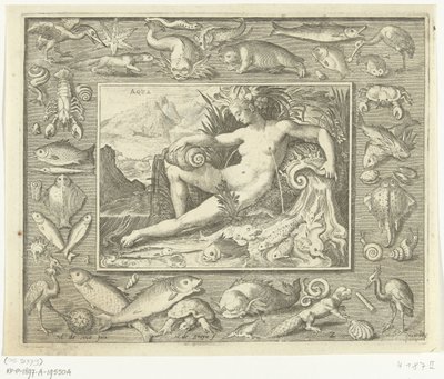 Elemento de agua como mujer en pozo con pescado. Aqua (título sobre el objeto) Los cuatro elementos (título de la serie) de Nicolaes de Bruyn