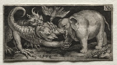 Elefante luchando contra dos bestias, 1594 de Nicolaes de Bruyn