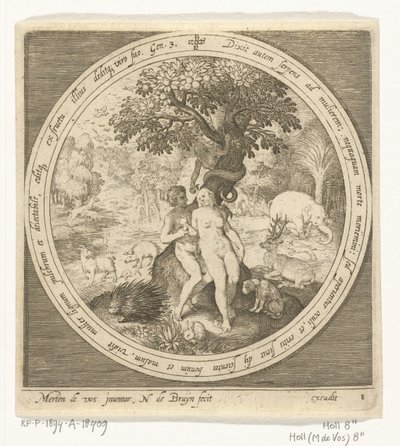 Eva es engañada por la serpiente en el árbol del conocimiento del bien y del mal Desde la creación hasta la expulsión del paraíso (título de la serie) de Nicolaes de Bruyn