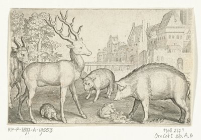 Ciervo, erizo, oveja, rana y cerdo Animalivm qvadrvpedvm (título de la serie) Animales en paisajes (título de la serie) de Nicolaes de Bruyn