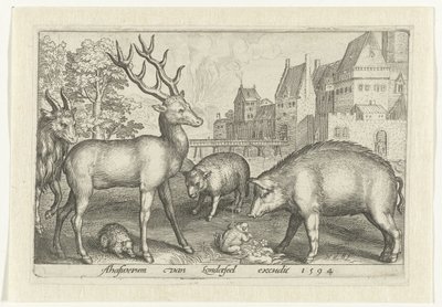 Ciervo, erizo, oveja, rana y cerdo Animalivm qvadrvpedvm (título de la serie) Animales en paisajes (título de la serie) de Nicolaes de Bruyn