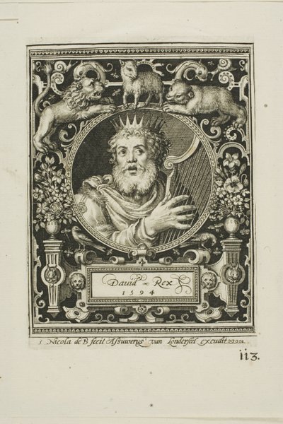 Rey David, lámina cinco de Los Nueve Dignos de Nicolaes de Bruyn
