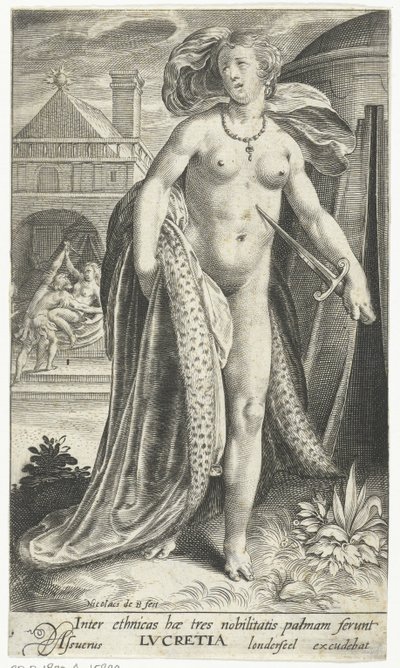 Lucrecia conoció a dolk tegen haar borst Entre las etnias, estas tres llevan la palma de la nobleza, Lucretia (título sobre objeto) de Nicolaes de Bruyn