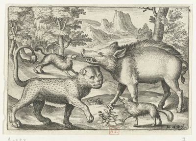 Leopardo, jabalí y dos perros Animalivm qvadrvpedvm (título de la serie) Animales en paisajes (título de la serie) de Nicolaes de Bruyn