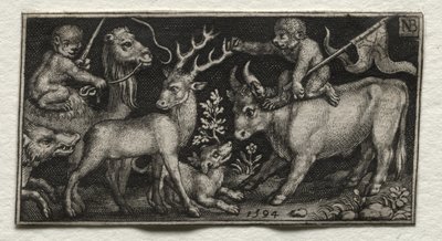 Monos montando un camello y un toro de Nicolaes de Bruyn