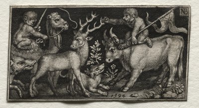 Monos montando un camello y un toro, 1594 de Nicolaes de Bruyn