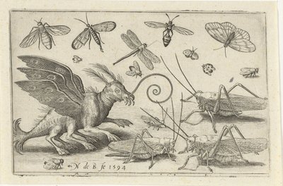 Saltamontes y criatura de fantasía con alas y patas palmeadas. Pájaros e insectos (título de la serie) de Nicolaes de Bruyn