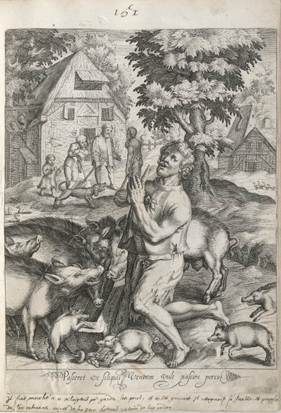El hijo pródigo entre los cerdos, lámina 5 de La historia del hijo pródigo de Nicolaes de Bruyn