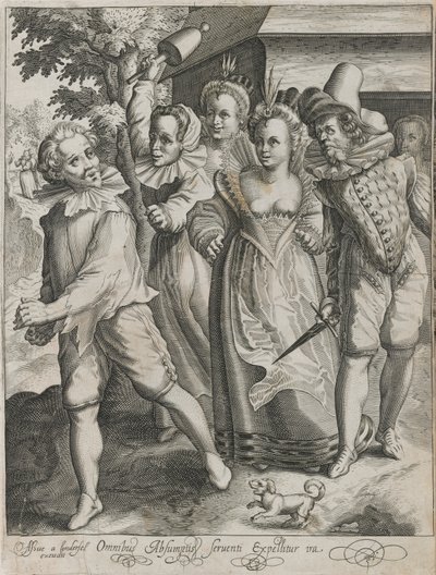 El hijo pródigo es expulsado de una taberna, lámina 4 de La historia del hijo pródigo de Nicolaes de Bruyn