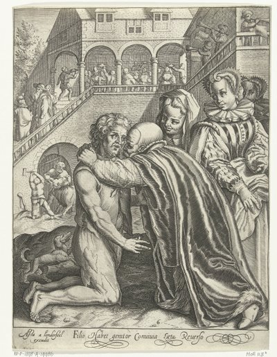 Regreso a casa del hijo pródigo Filio habet conuiuia laeta Reuerso (título sobre objeto) Cuento del hijo pródigo (título de la serie) de Nicolaes de Bruyn
