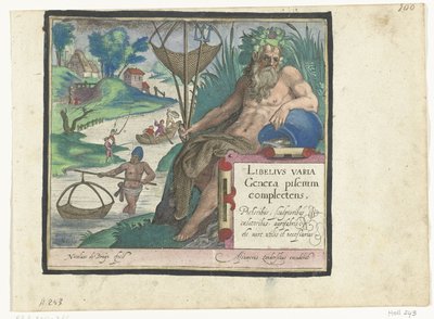 Impresión de título con título y dios del río con tridente y red de pesca en paisaje con pescadores Libelivs miscelánea Genera piscium complectens (título de la serie) Peces de agua dulce, peces marinos, ranas, crustáceos y criaturas marinas (título de la  de Nicolaes de Bruyn