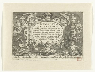 Impresión de título con título en cartucho rodeado de monos trabajando como orfebre Animalivm qvadrvpedvm (título sobre el objeto) Animales en paisajes (título de la serie) de Nicolaes de Bruyn