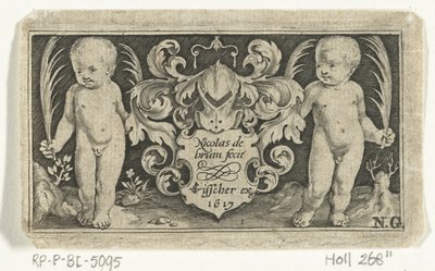Impresión de título con dos niños con hoja de palma junto al escudo de armas Frisones con niños, ángeles y animales (título de la serie) de Nicolaes de Bruyn