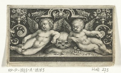 Dos niños peleando, montados en sementales, flanqueados por niños que tocan trompetas. Frisones con niños, ángeles y animales (título de la serie) de Nicolaes de Bruyn
