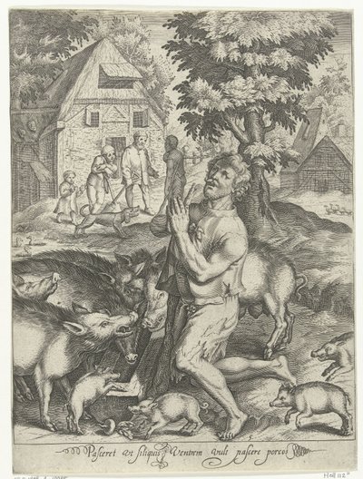 Hijo pródigo como Swineherd Pasceret vt siliquis ventrem fills pascere porcos (título sobre objeto) Cuento del hijo pródigo (título de la serie) de Nicolaes de Bruyn