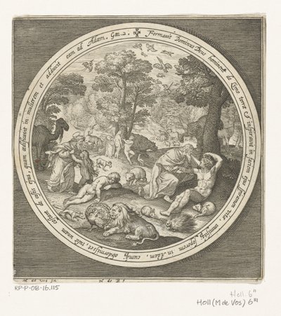 Sexto día de la creación: Dios crea los animales y a Adán y Eva
De la creación a la expulsión del paraíso (título de la serie) de Nicolaes de Bruyn