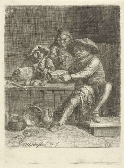 Granjeros en una mesa con pan de Nicolaes van Haeften