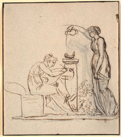 A genio lumen. Una mujer sentada escribe, a la derecha de esta otra mujer vierte aceite en una lámpara de Nicolai Abildgaard