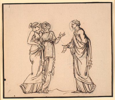 Escena antigua con tres figuras, un hombre hablando con dos mujeres de Nicolai Abildgaard