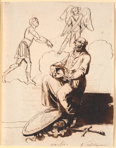 Ariosto, sentado con un laúd, a sus pies armas, en el fondo Cupido arrastra a un hombre de Nicolai Abildgaard