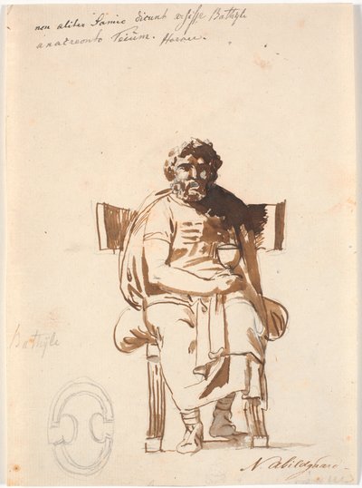 Batyllus, actor en tiempos de Augusto, sentado en una pesada silla antigua, de frente, con una copa en la mano de Nicolai Abildgaard