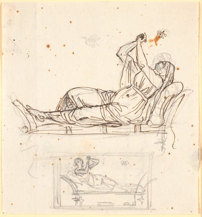 Hoja con dos estudios de una mujer acostada en un banco antiguo de Nicolai Abildgaard