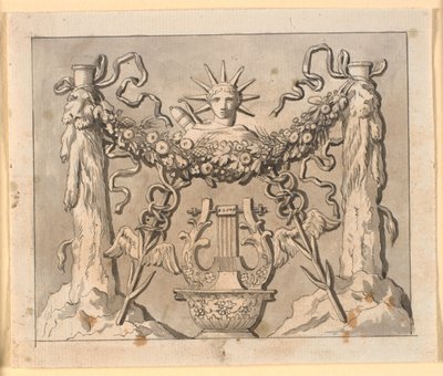 Composición decorativa con las columnas de Hércules, la cabeza de Apolo y varios atributos de Nicolai Abildgaard