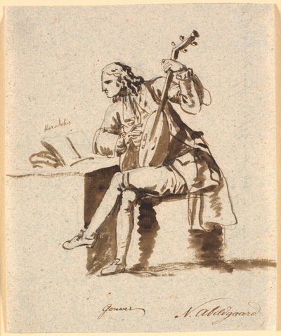El poeta inglés Gower sentado con un laúd en una mesa, sobre la cual está abierto Heródoto de Nicolai Abildgaard