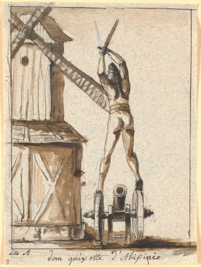 Don Quijote, de pie sobre un cañón, con la espada levantada contra una aspa de molino de Nicolai Abildgaard