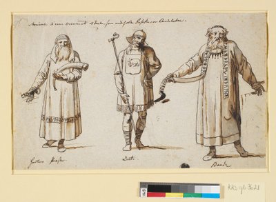 Estudios de vestuario. Probablemente para el teatro. Tres figuras, un sacerdote de Herta, un rey y un bardo de Nicolai Abildgaard