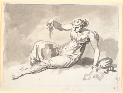 Otoño, una mujer sentada exprimiendo uvas de Nicolai Abildgaard